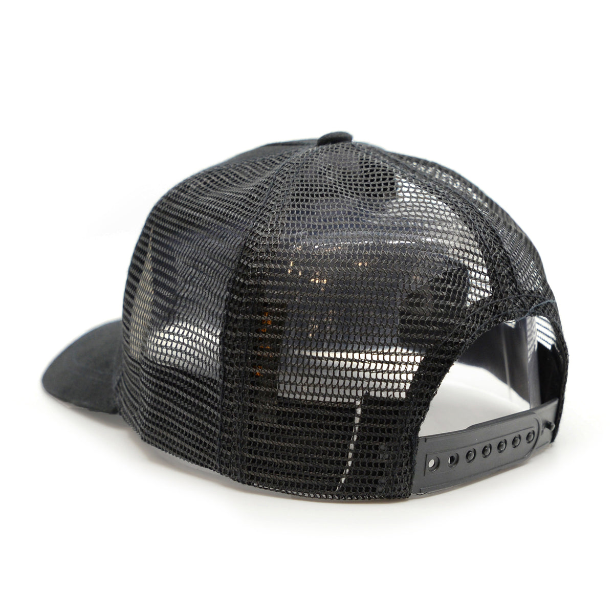 An all-black custom baseball cap with a mesh back panel and a flat brim. Backside view.