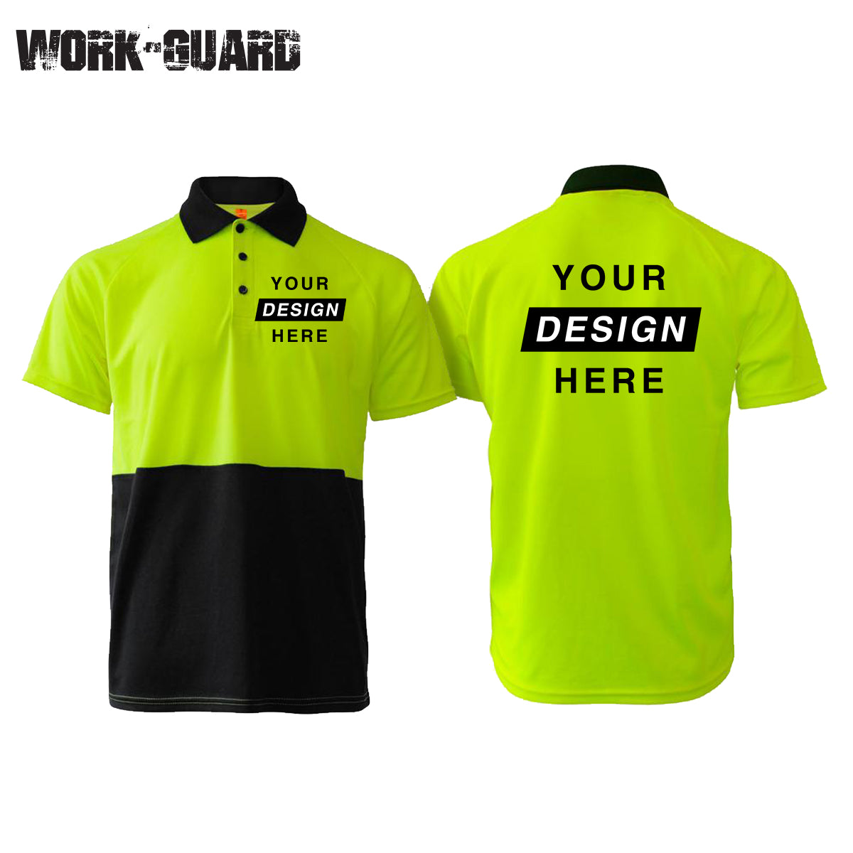 Custom Yellow hi vis polo shirt with front and back logo print – custom safety uniform.