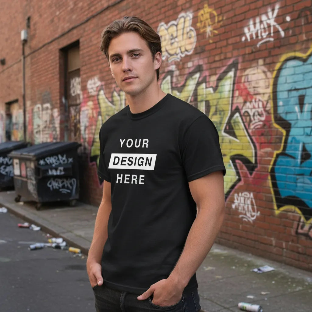 Man wearing a black t-shirt with 'Your Design Here' text against a graffiti-covered wall.