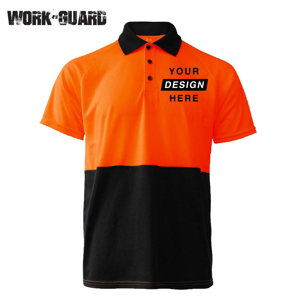 Custom Orange hi vis polo shirt with custom front logo print – branded workwear polo.