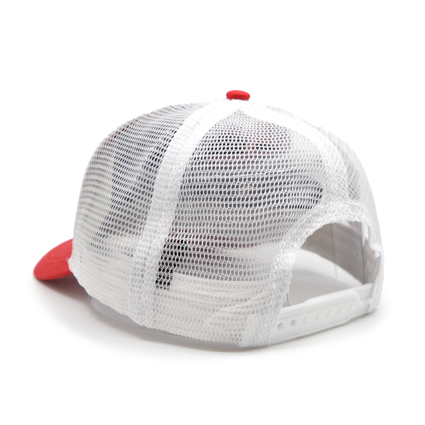 A custom baseball cap with a white mesh back panel and a red flat brim. Backside view.