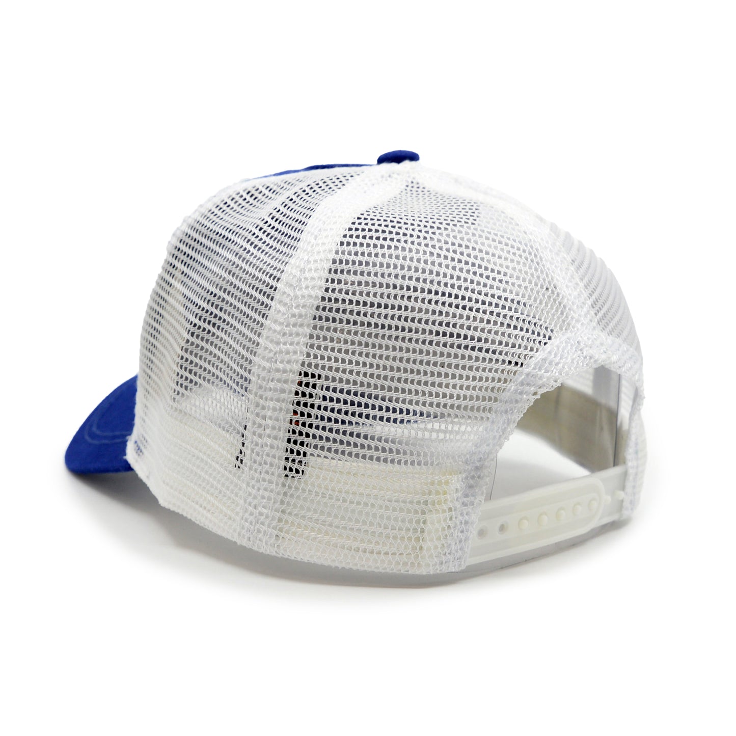 A blue and white baseball or trucker cap with a mesh back and a flat brim. Backside view.