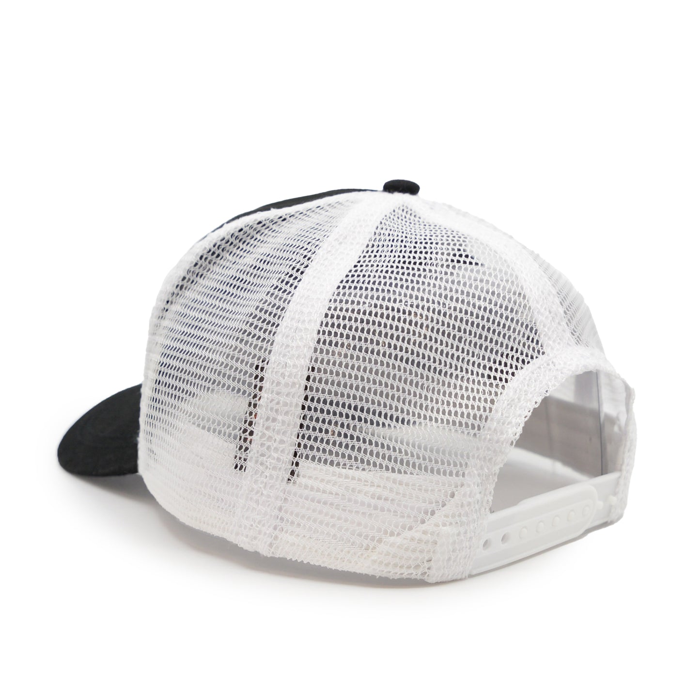 A custom baseball cap with a white mesh back panel and a navy blue flat brim. Backside view.