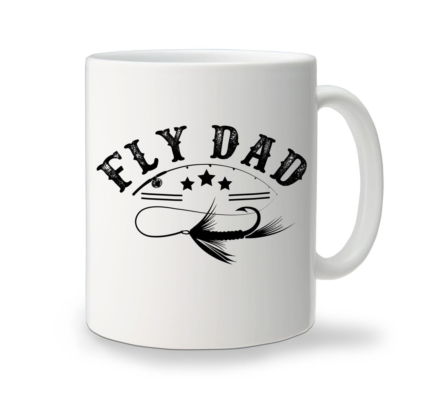 A white custom ceramic coffee mug with the text 'Fly Dad' and a graphic of a fishing fly.