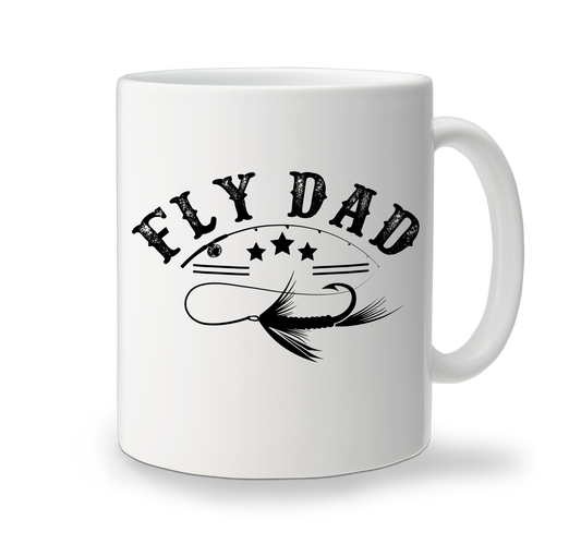 A white custom ceramic coffee mug with the text 'Fly Dad' and a graphic of a fishing fly.