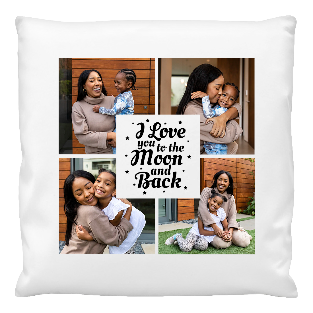 A custom cushion cover featuring multiple photos of a family and the text 'I Love you to the Moon and Back' printed in the center.