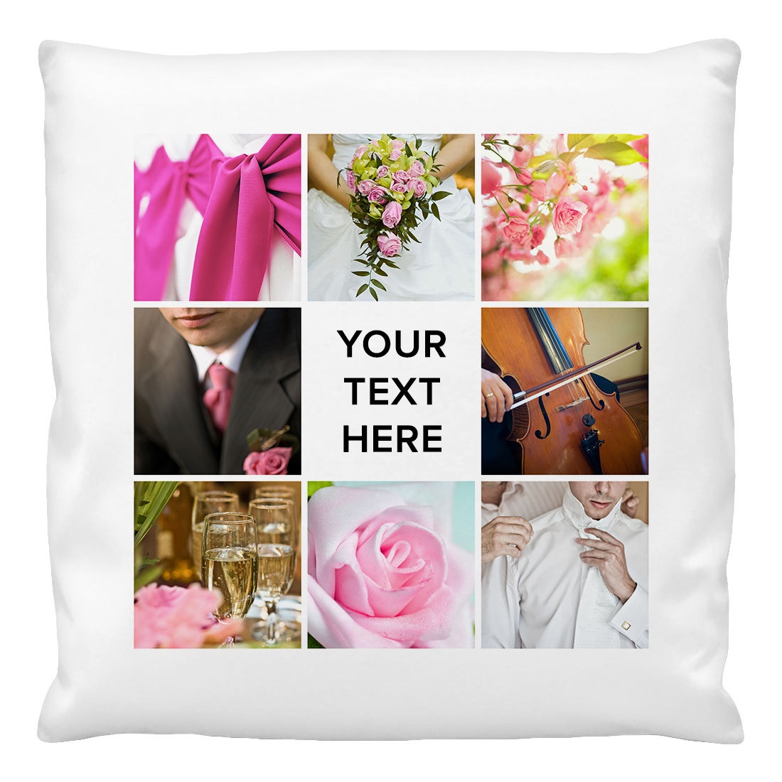 A cushion cover featuring a custom print of eight photos arranged in a collage pattern on a white background, with space for your text.