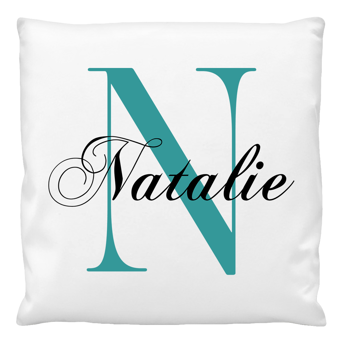 A personalised Pillow case with the name "Natalie" in Monogram serif design