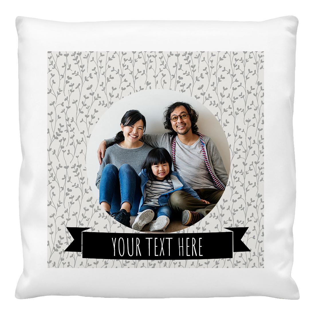 A custom cushion cover featuring a family photo with a space for personal text, on a white background with a patterned design.