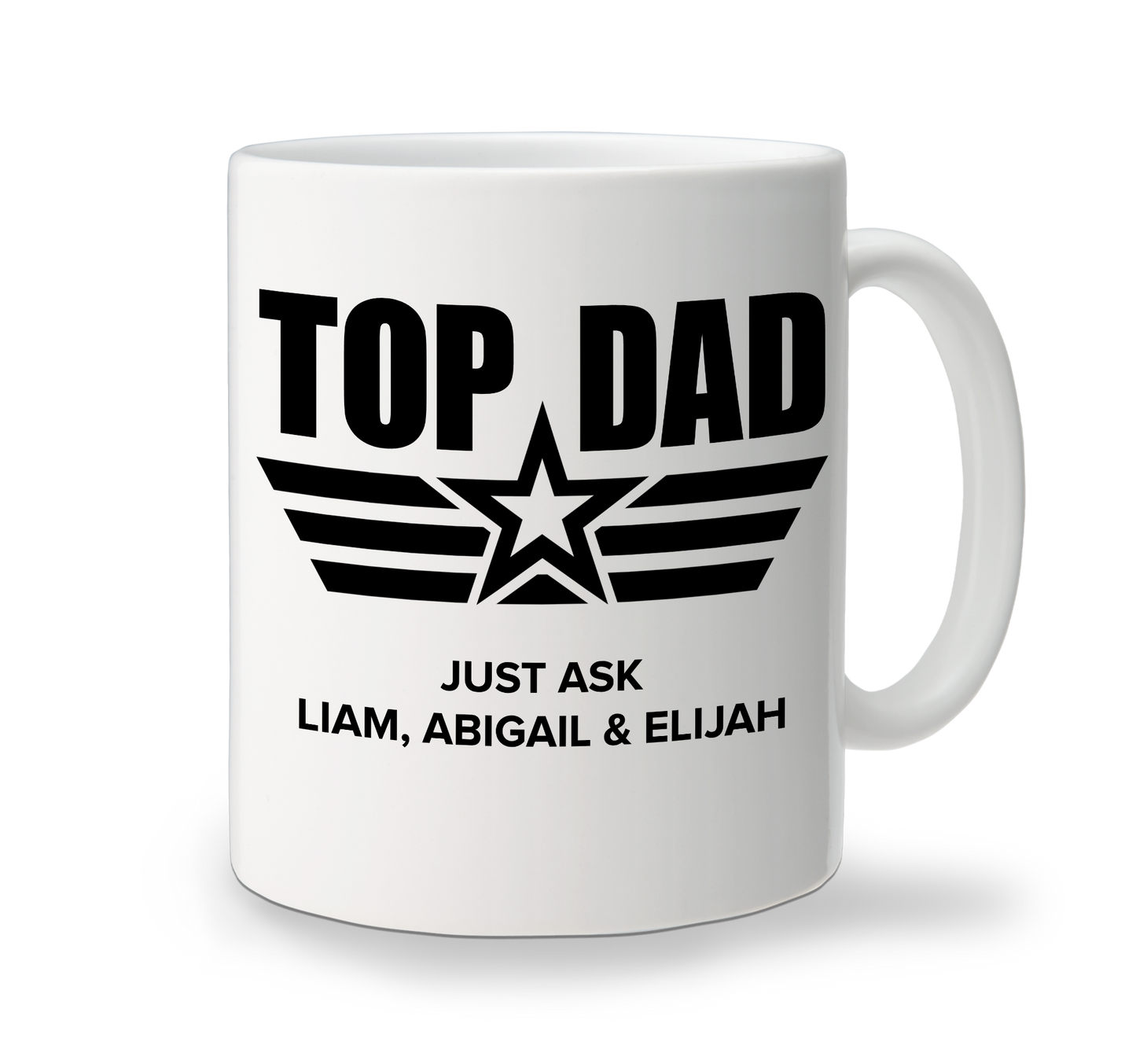 A white ceramic personalised fathers' day mug with 'TOP DAD' text and a star design, personalized with the names