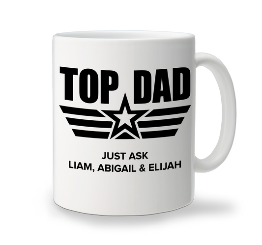 A white ceramic personalised fathers' day mug with 'TOP DAD' text and a star design, personalized with the names