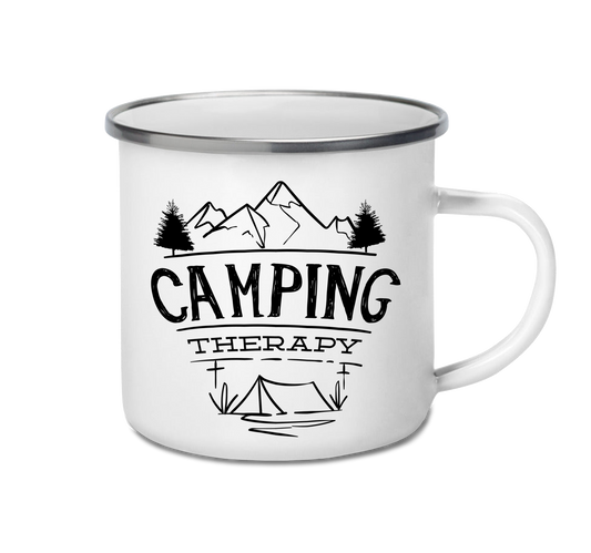 Personalised enamel camping mug – Camping Therapy design