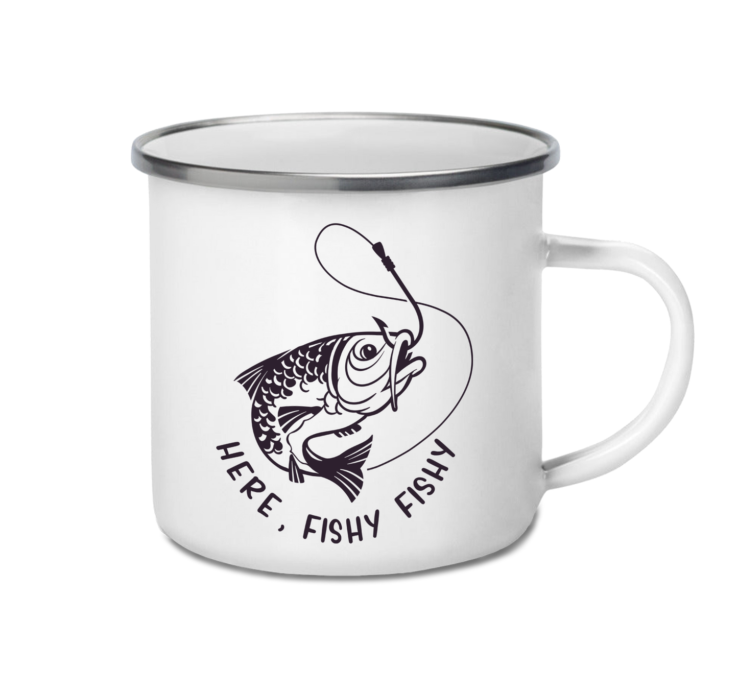 Personalised enamel camping mug – Here Fishy Fishy Fishy design