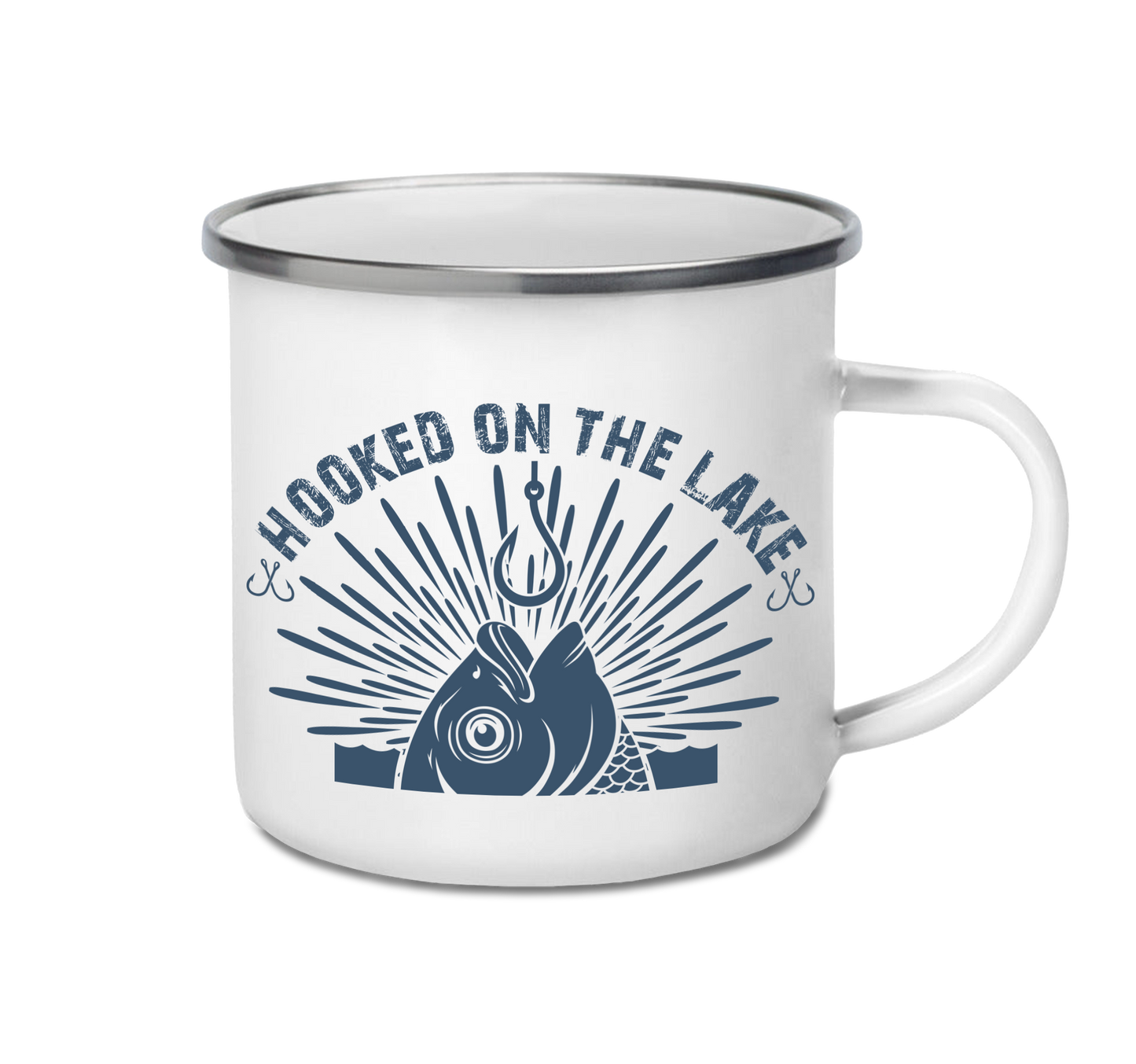 Personalised enamel camping mug – Hooked on the Lake design
