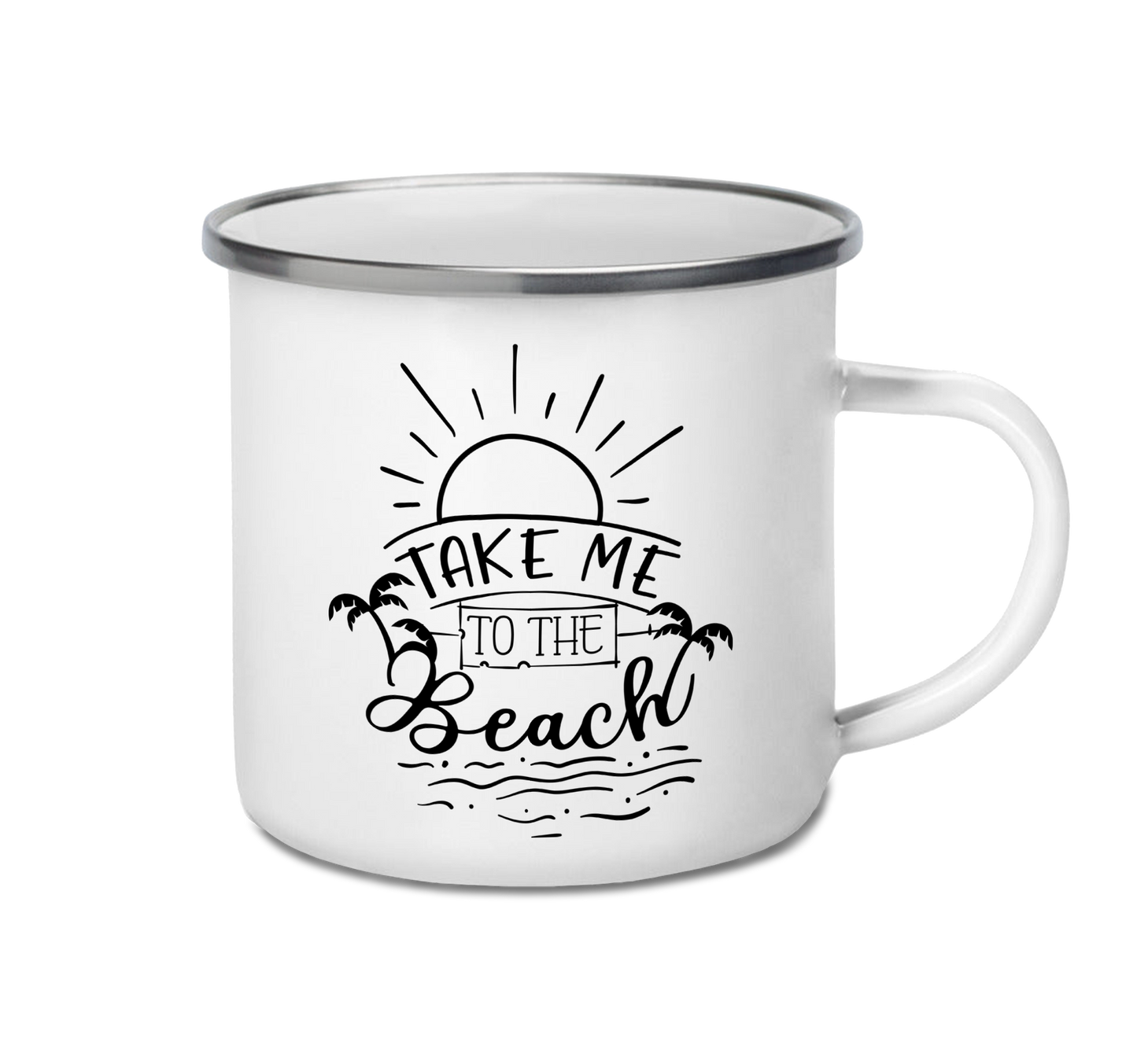 Personalised enamel camping mug – Take Me to the Beach design