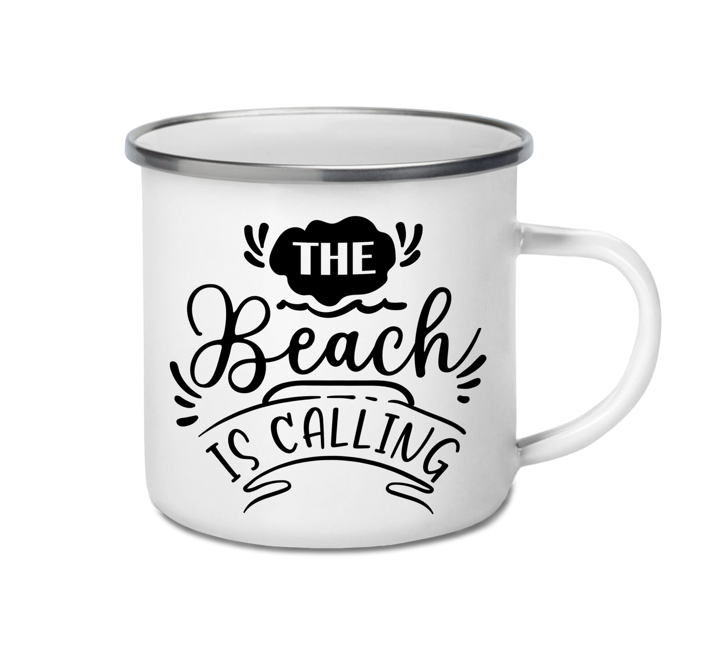 Personalised enamel camping mug – The Beach Is Calling design