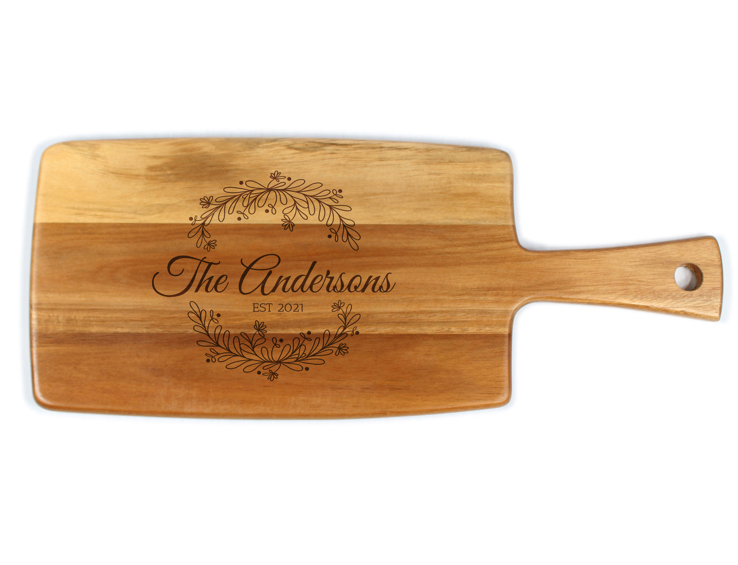Engraved cheese board with wreath family design - includes custom logo engraving