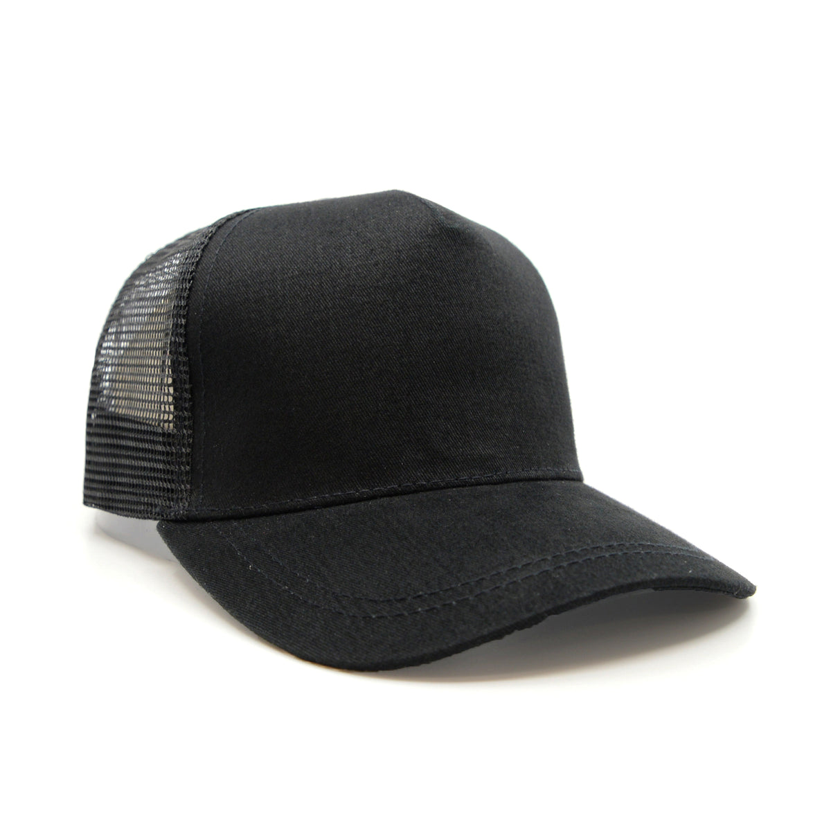 An all-black custom baseball cap with a mesh back panel and a flat brim