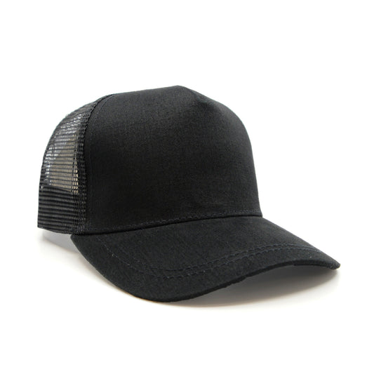 An all-black custom baseball cap with a mesh back panel and a flat brim