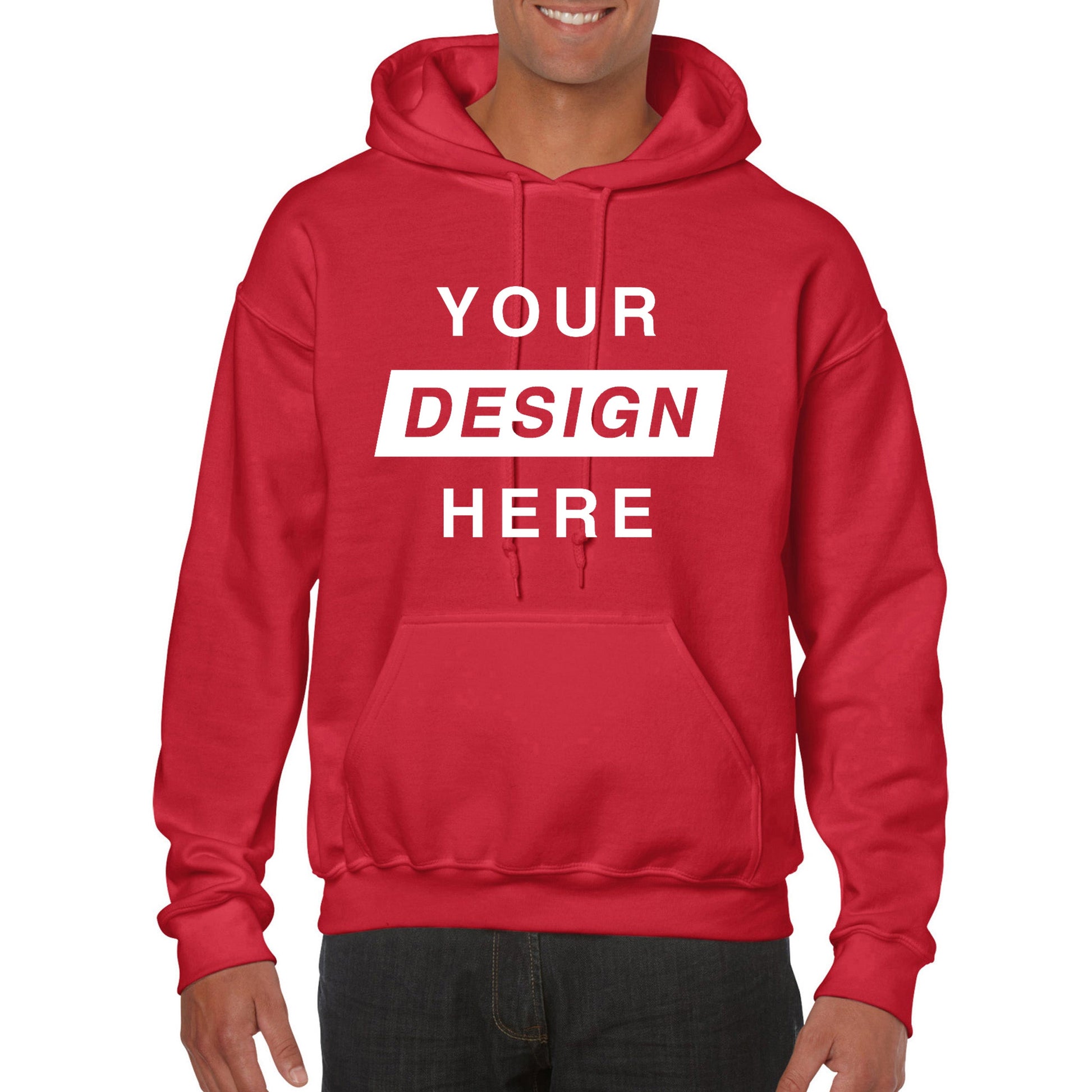 Red hoodie with 'Your Design Here' text on a white background