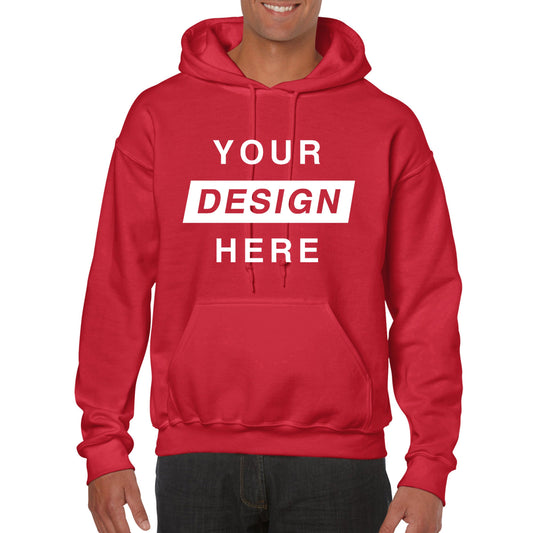 Red hoodie with 'Your Design Here' text on a white background