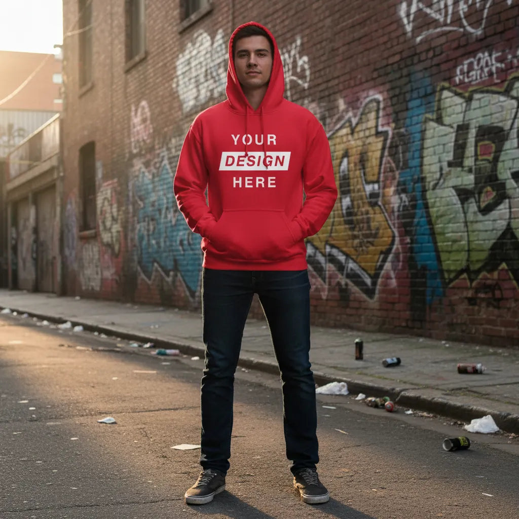 Person wearing a red custom hoodie with 'Your Design Here' text in front of a graffiti-covered wall.