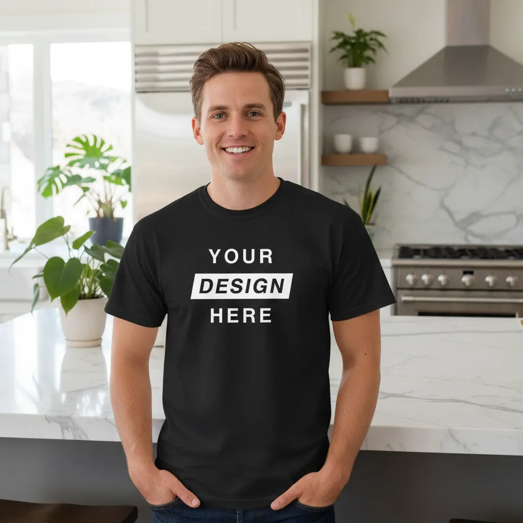 Man wearing a custom black t-shirt with 'Your Design Here' text in a kitchen setting