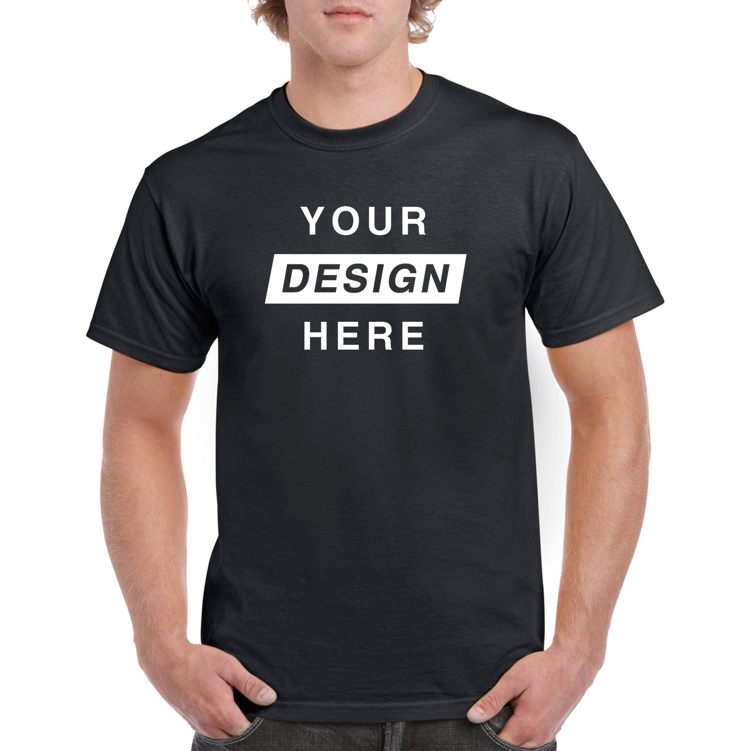 Black Custom Teez. T-Shirt personalised with 'Your Design Here' text printed on front side.