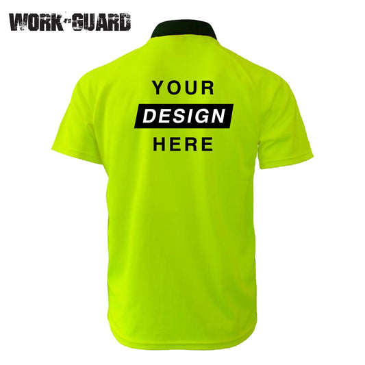 Custom Yellow hi vis polo shirt with large back logo print – custom workwear uniform.