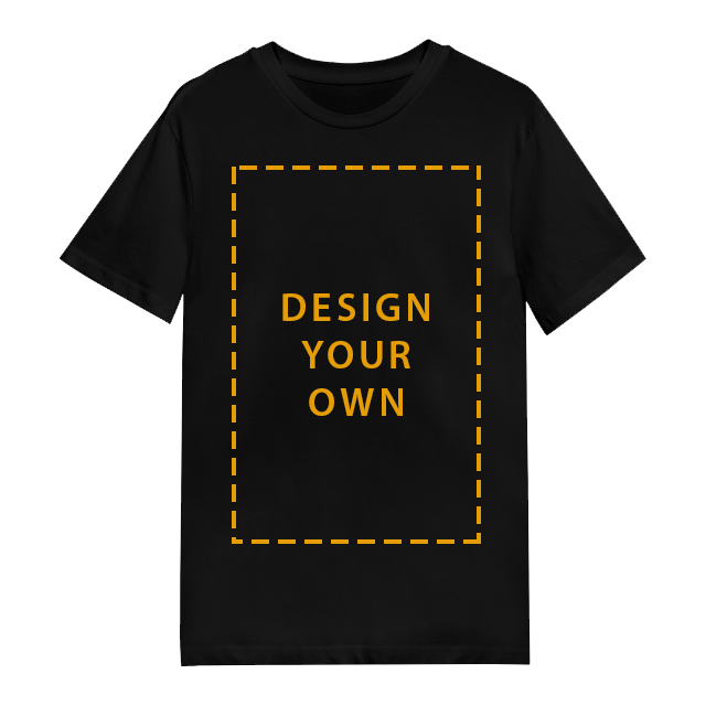 Black t-shirt with 'Design Your Own' text on a white background