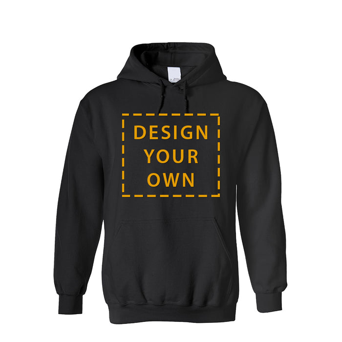 Black hoodie with 'Design Your Own' text on a white background