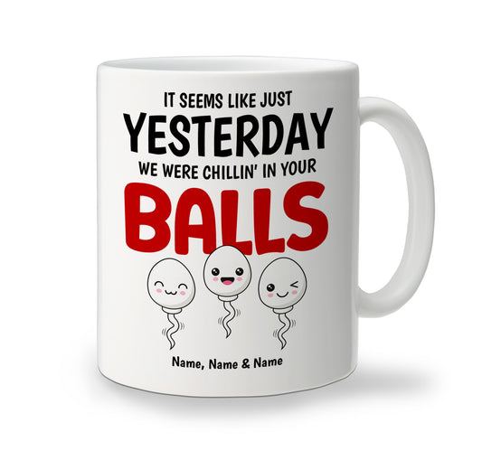 White ceramic Just Chillin mug with fun winter-themed design