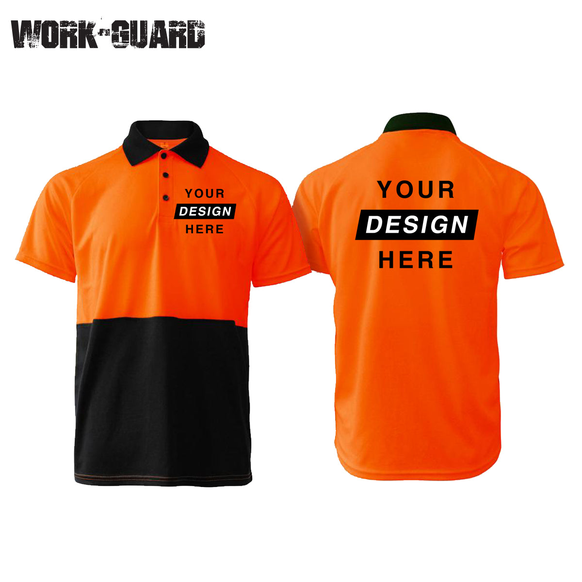 Custom orange hi vis polo shirt with front and back logo print – Workwear polo shirt with company branding