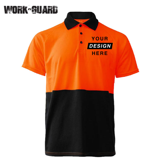 Custom Orange hi vis polo shirt with custom front logo print – branded workwear polo.