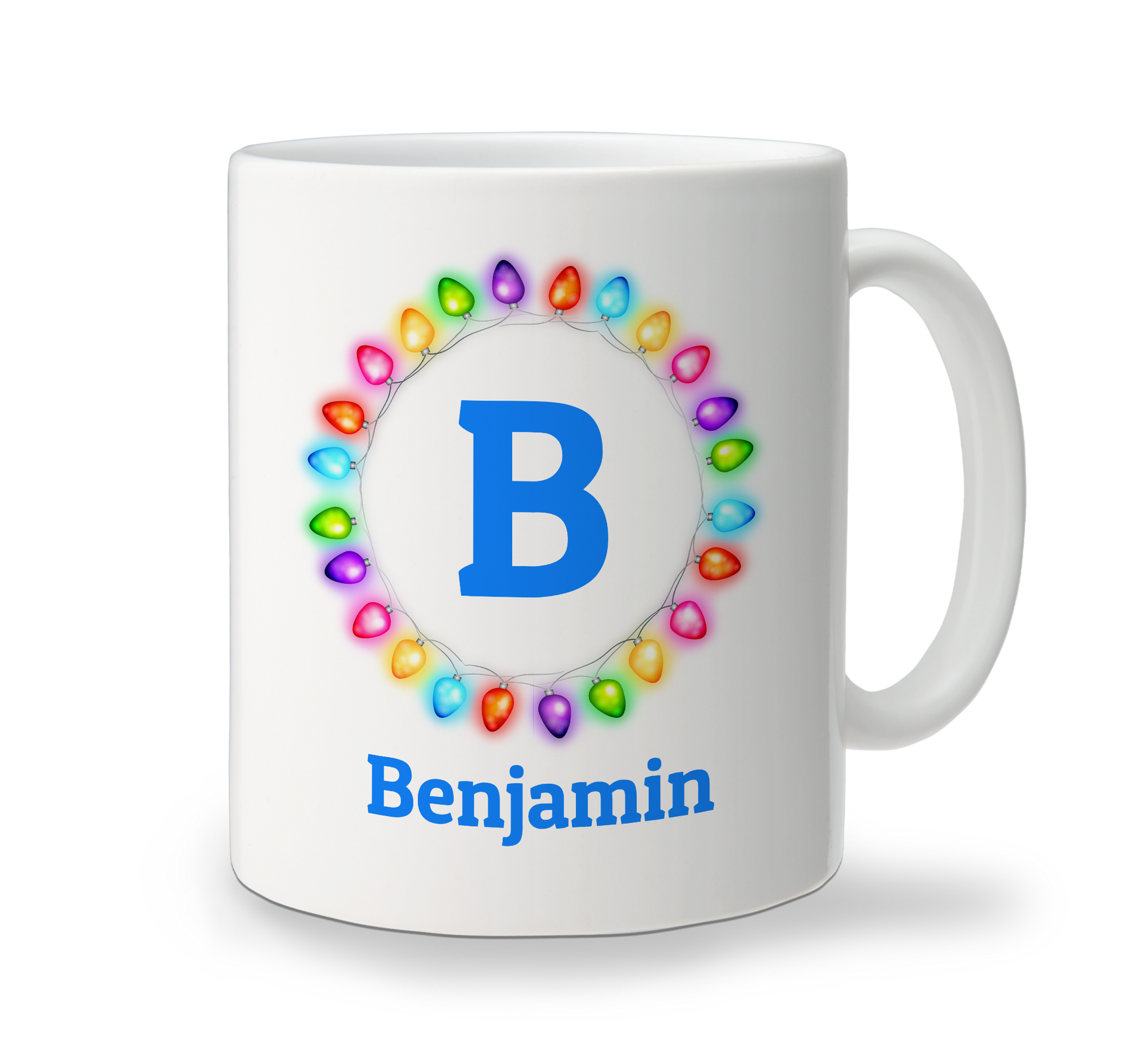 White ceramic mug with colourful Christmas lights design