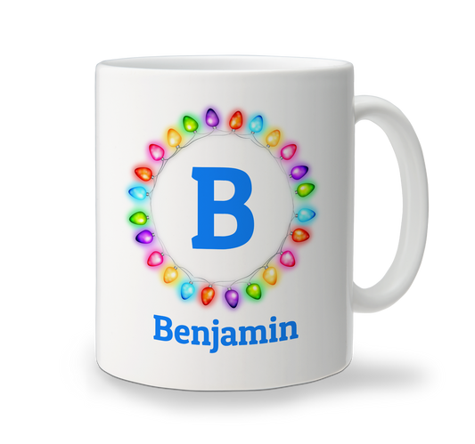 White ceramic mug with colourful Christmas lights design