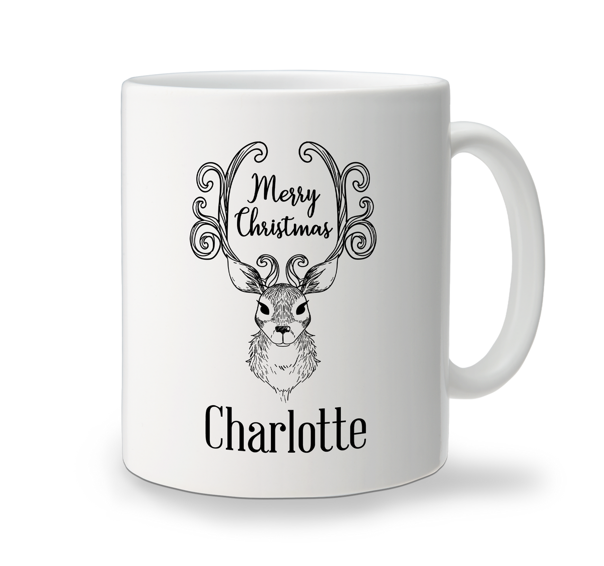 White ceramic Christmas mug with classic festive reindeer design