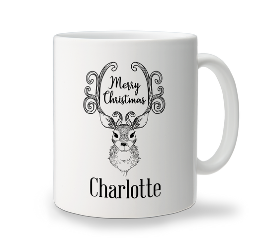 White ceramic Christmas mug with classic festive reindeer design