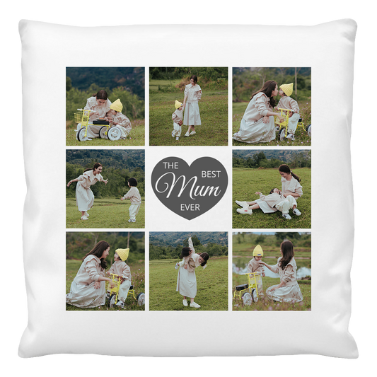 A cushion cover featuring a collage of photos with a central heart shape containing the text 'The Mum Ever'. The photos show a woman with a baby in a field.