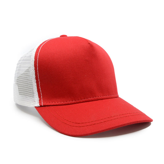 A custom baseball cap with a white mesh back panel and a red flat brim.