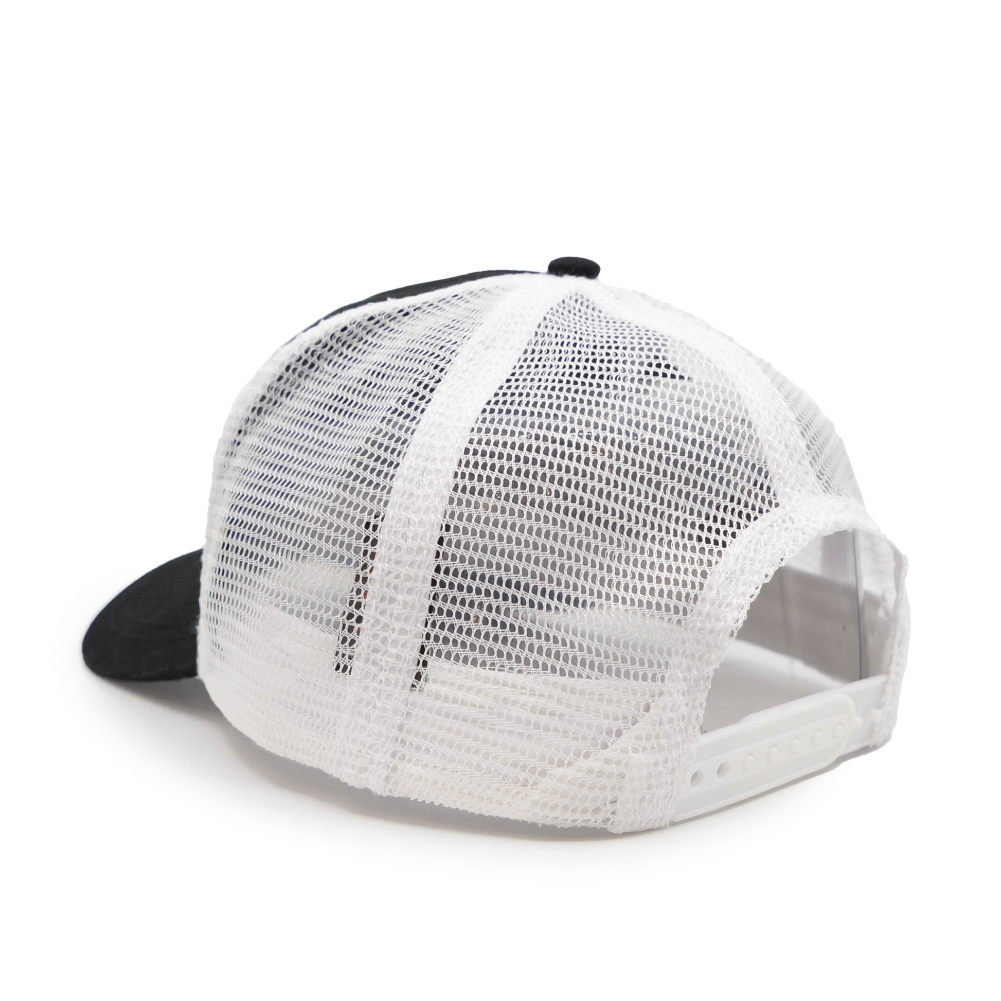 Custom Baseball Cap in White and Black seeing from the back side.
