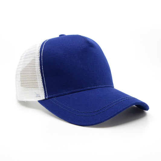 A blue and white baseball or trucker cap with a mesh back and a flat brim.