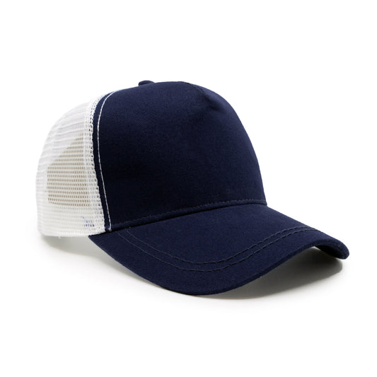 A custom baseball cap with a white mesh back panel and a navy blue flat brim.