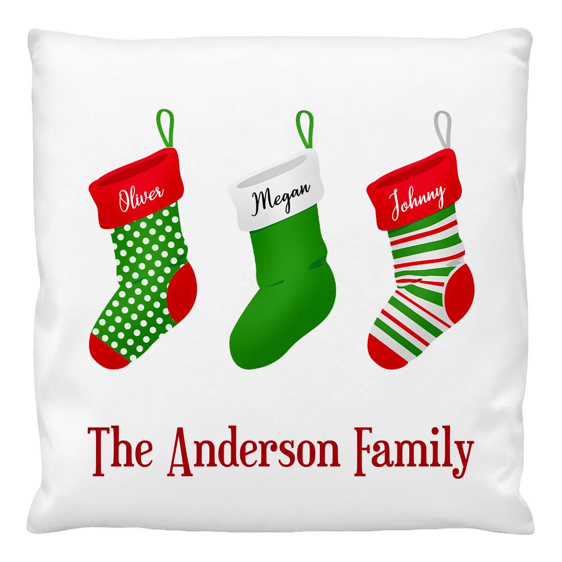 A custom printed cushion cover featuring three Christmas stockings with the names Oliver, Megan, and Johnny, and the text 'The Anderson Family' at the bottom.