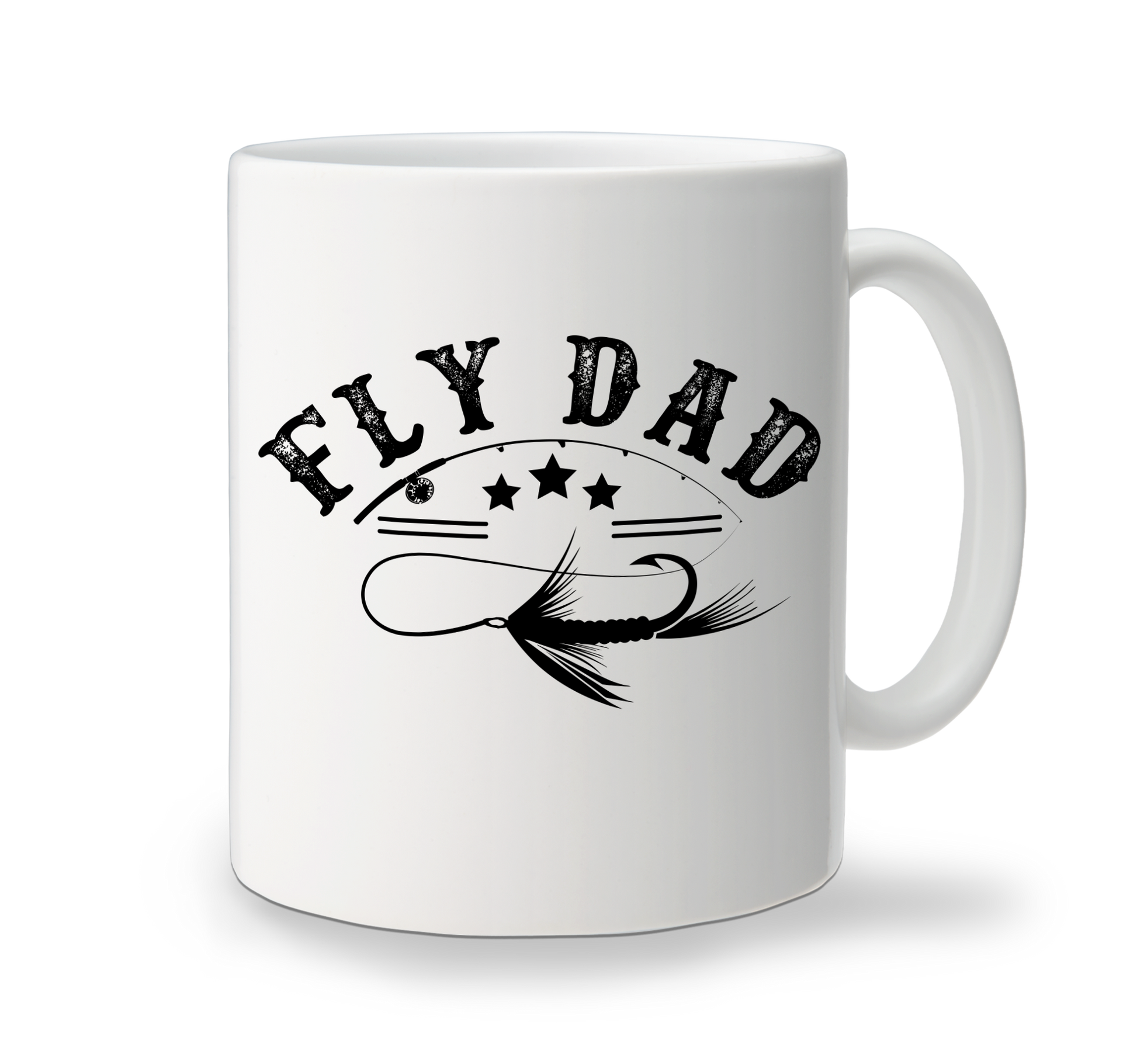 A white custom ceramic coffee mug with the text 'Fly Dad' and a graphic of a fishing fly.