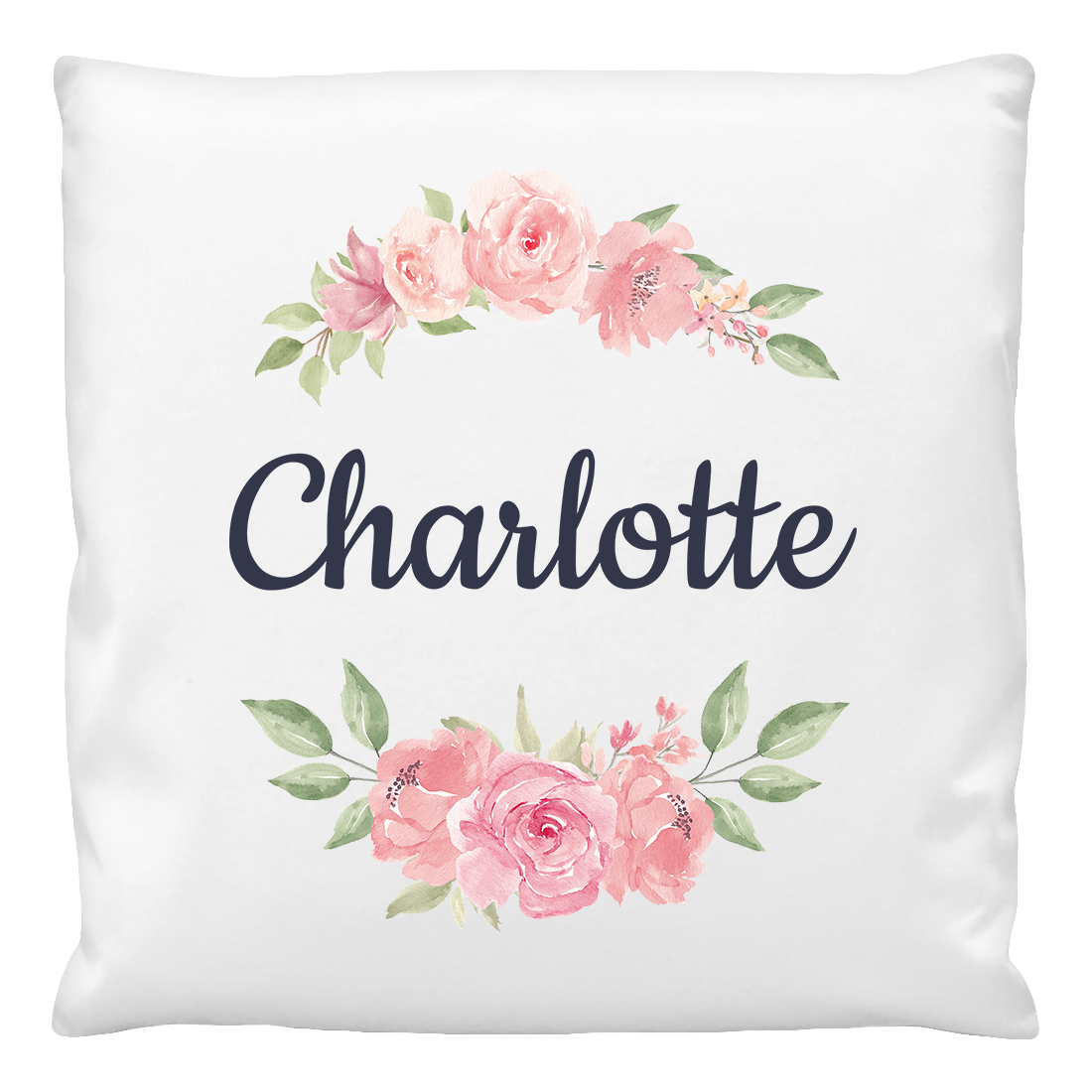 A cushion cover with a floral design and the name 'Charlotte' printed in the center.