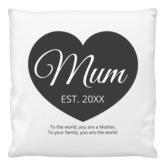 A cushion cover with a large heart shape in the center, containing the text 'Mum EST. 20XX'.