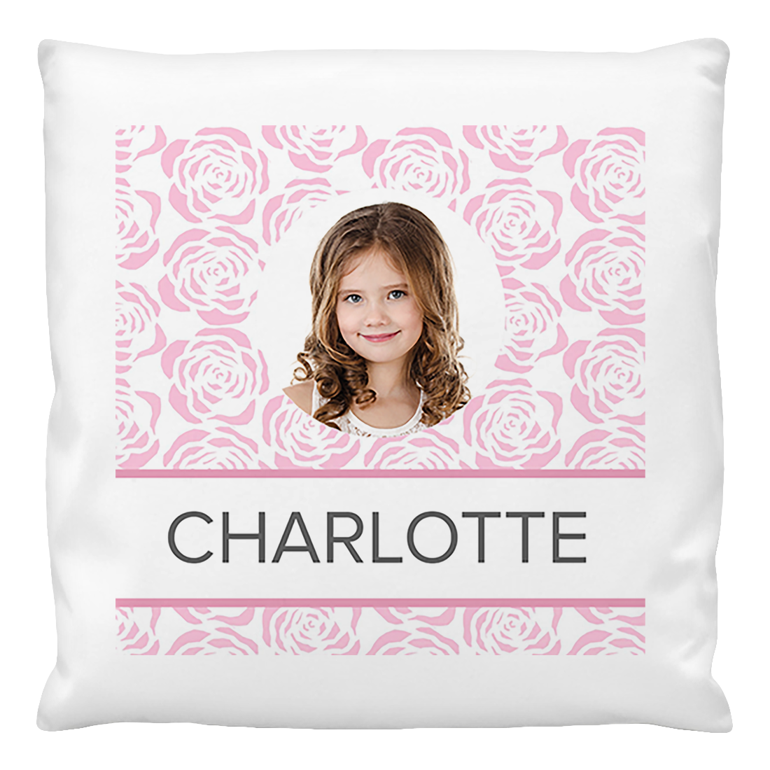 A custom photo cushion cover featuring a printed photo of a girl named Charlotte, with a pink roses pattern in the background.