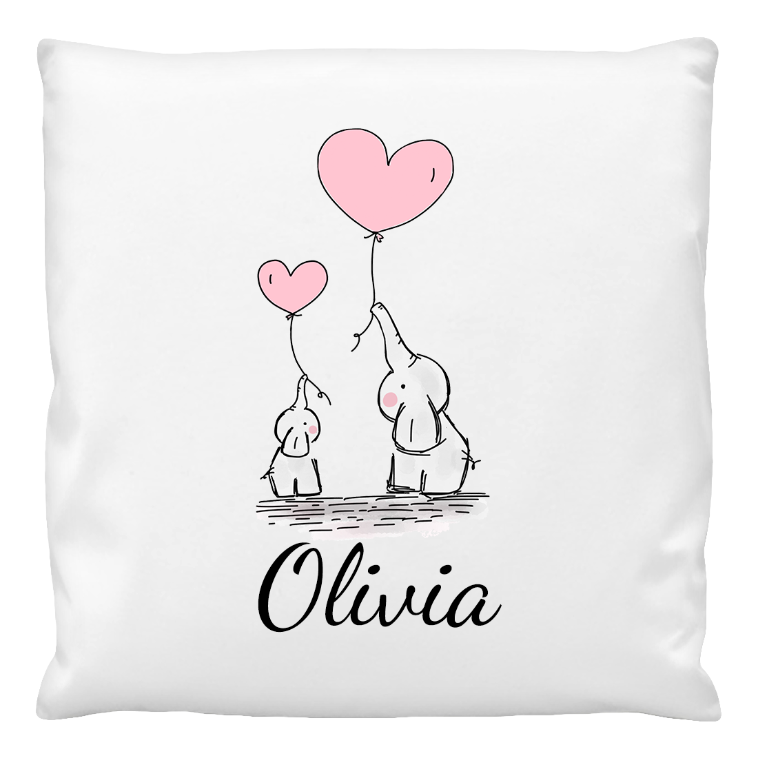 A white cushion cover with a printed design featuring two cartoon elephants holding a pink balloon, with the name 'Olivia' printed at the bottom.