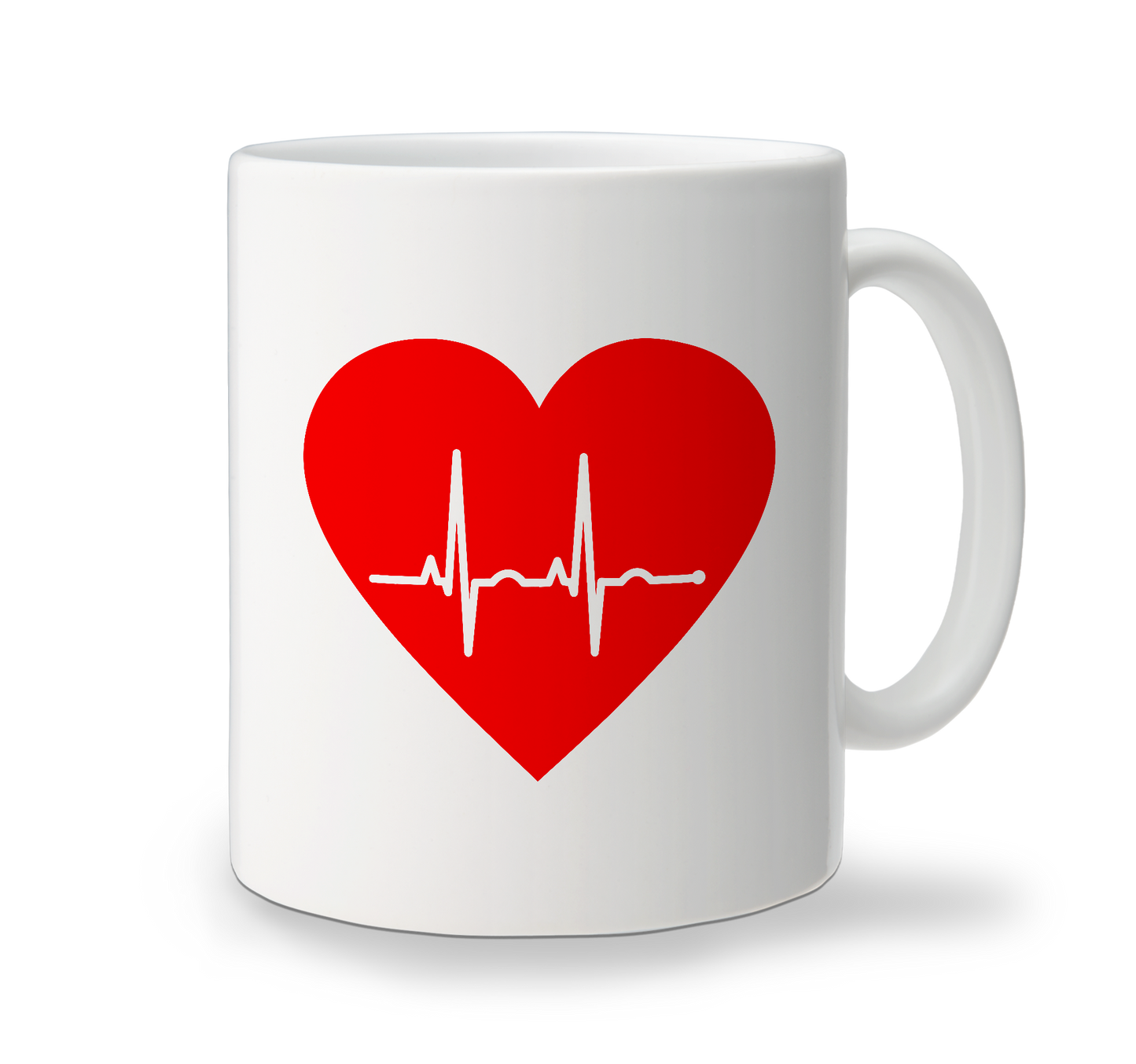 A white ceramic mug with a red heart and ECG heartbeat line design.